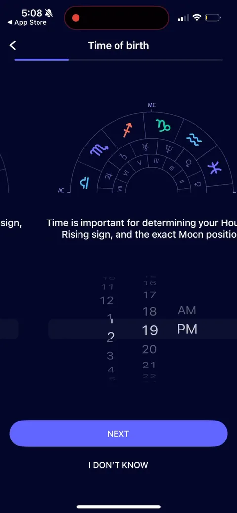 Nebula onboarding screen 19: Time of birth with a 'don't know' option