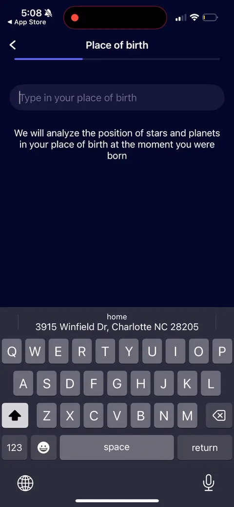 Nebula onboarding screen 21: Place of birth pre-filled from the device ('Charlotte, NC')