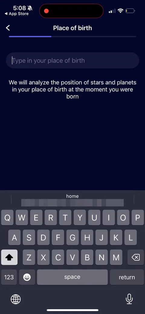 Nebula onboarding screen 21: Place of birth pre-filled from the device ('Charlotte, NC')