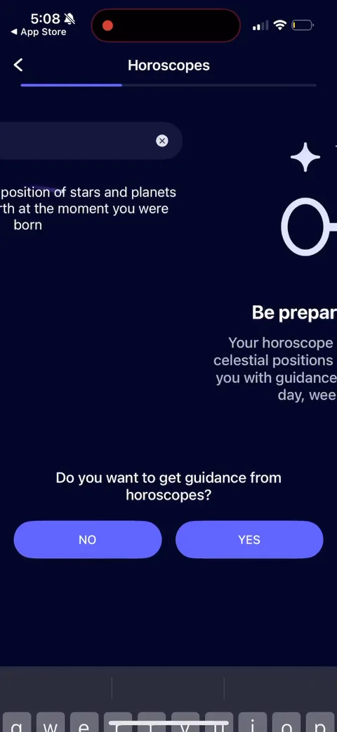 Nebula onboarding screen 22: 'Do you want to get guidance from horoscopes?' with a big YES button