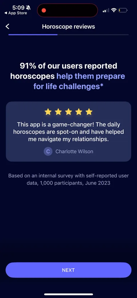 Nebula onboarding screen 23: A review slotted right after the horoscope question: '91% of our users reported horoscopes help them prepare…