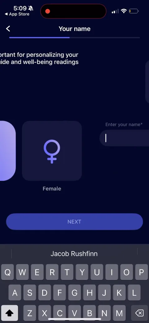 Nebula onboarding screen 24: Name plus gender on one screen