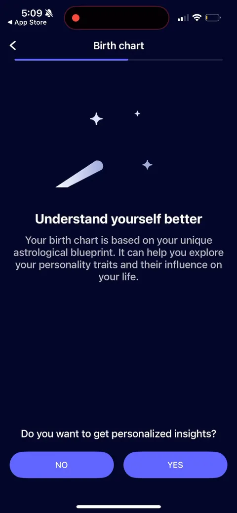Nebula onboarding screen 27: 'Understand yourself better,' then 'do you want personalized insights?' Same yes/no pattern as the horoscope…