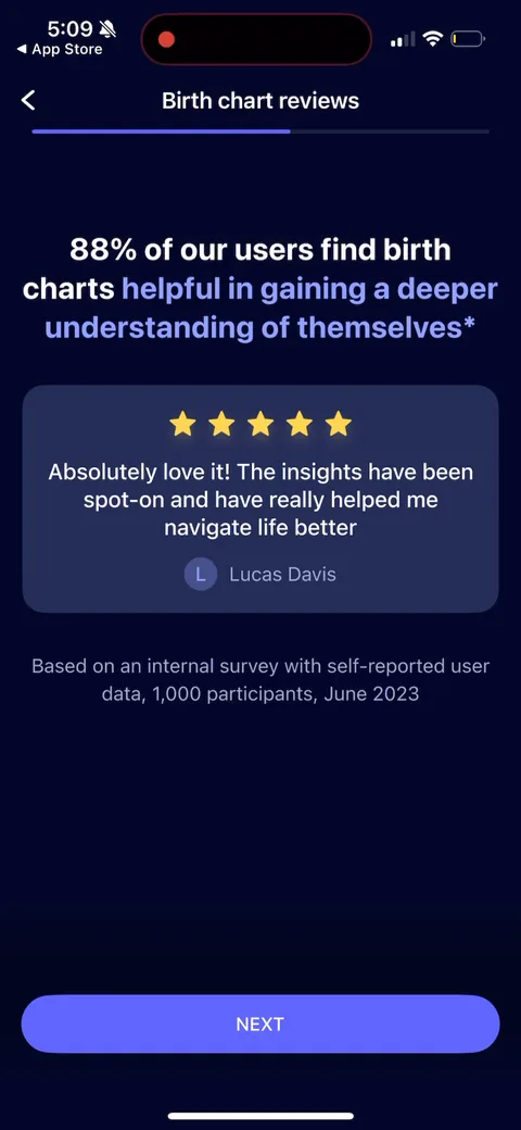 Nebula onboarding screen 28: Another review (88% find birth charts helpful, Lucas Davis, 5 stars) right after the birth-chart yes/no