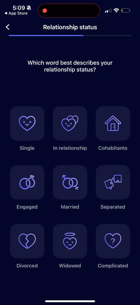 Nebula onboarding screen 30: Relationship status
