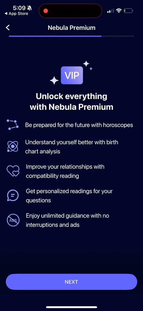 Nebula onboarding screen 36: Full Nebula Premium feature list ('Unlock everything') dropped in the middle of onboarding, well before the…