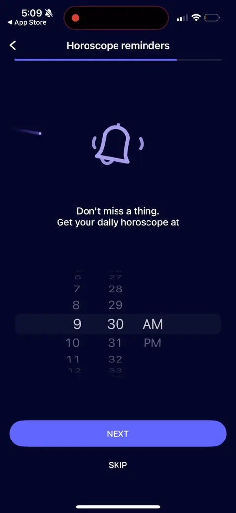 Nebula onboarding screen 37: Horoscope reminder time picker, 'don't miss a thing, get your daily horoscope at...' Picking a time is a…