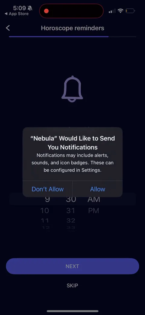 Nebula onboarding screen 39: Notification permission prompt fired right after they picked a reminder time