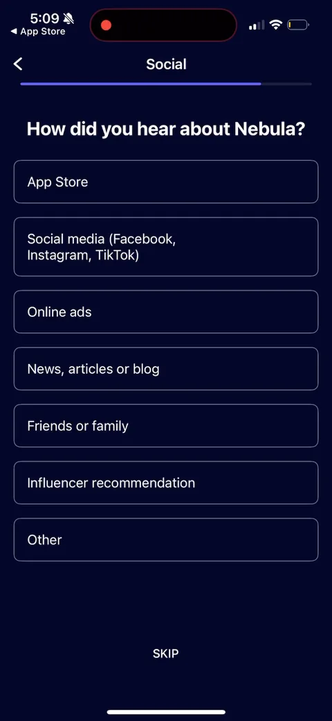 Nebula onboarding screen 41: 'How did you hear about Nebula?' Marketing attribution dressed as a quiz step