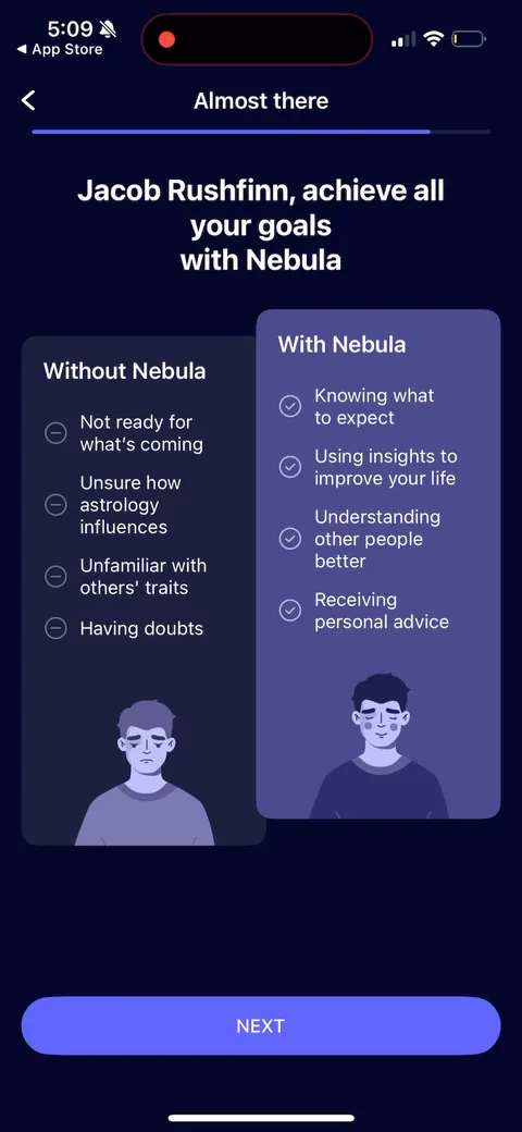 Nebula onboarding screen 42: 'Almost there, Jacob, achieve all your goals.' Without Nebula vs With Nebula side by side
