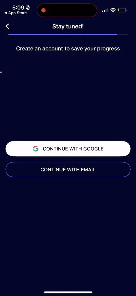 Nebula onboarding screen 43: Account creation lands here, deep in the flow, framed as 'create an account to save your progress.' Pinning…