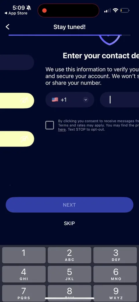 Nebula onboarding screen 55: Phone number capture after the email signup, 'we use this to verify and secure your account.' Aggressive…