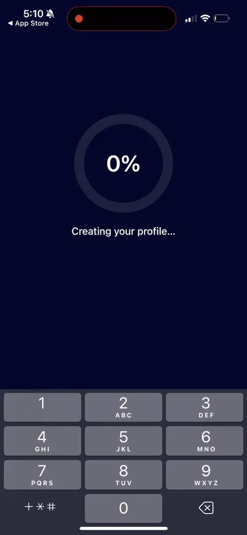 Nebula onboarding screen 57: 'Creating your profile' loading screen that counts up while rotating 5-star testimonials and '60 million…