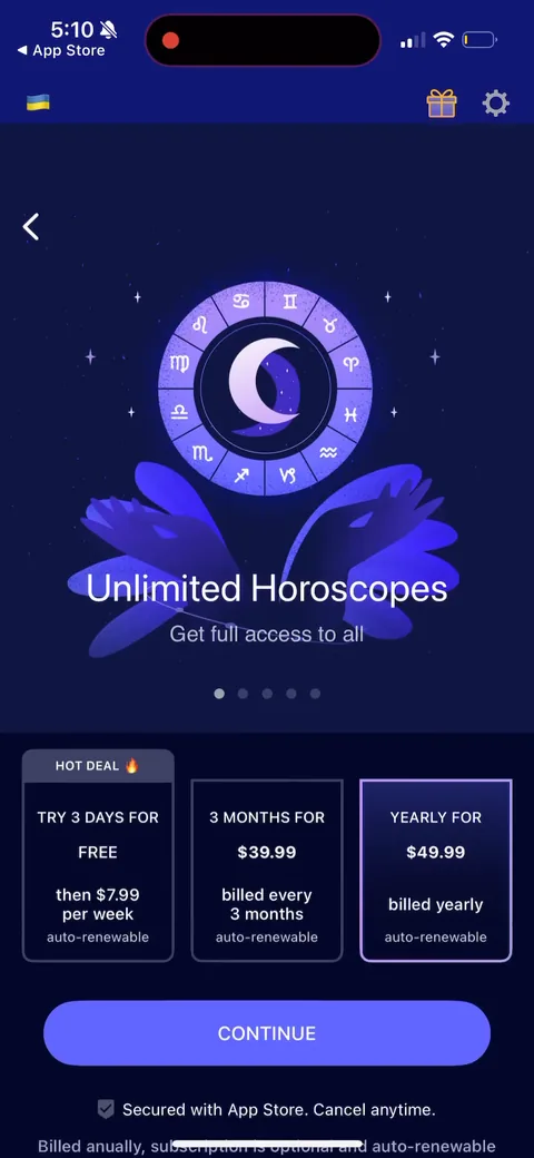 Nebula onboarding screen 69: Main paywall: three tiers, weekly ($7.99/wk after a 3-day trial), 3 months ($39.99), and yearly ($49.99)…