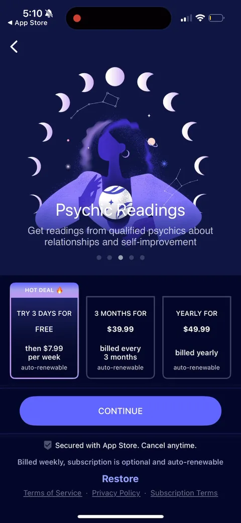 Nebula onboarding screen 73: Same paywall, header rotated to psychics ('readings from qualified psychics')