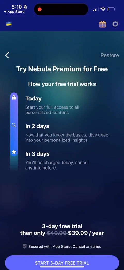 Nebula onboarding screen 82: Alternate paywall: the 3-day trial timeline (Today / In 2 days / In 3 days you'll be charged) with $49.99…