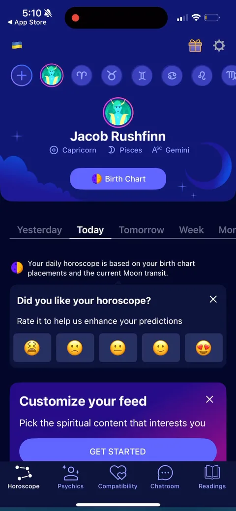 Nebula onboarding screen 85: Post-paywall home: the daily horoscope plus 'did you like your horoscope