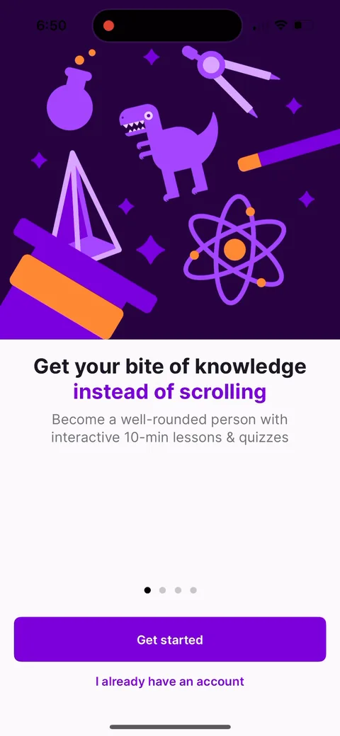 Nibble onboarding screen 3: 'Get your bite of knowledge instead of scrolling.' They're positioning against TikTok, not against Duolingo