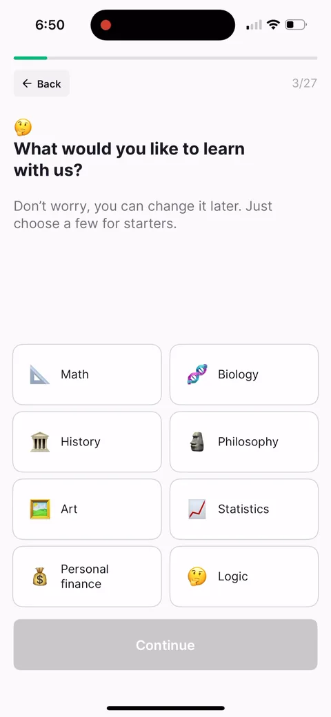 Nibble onboarding screen 5: 'What would you like to learn with us