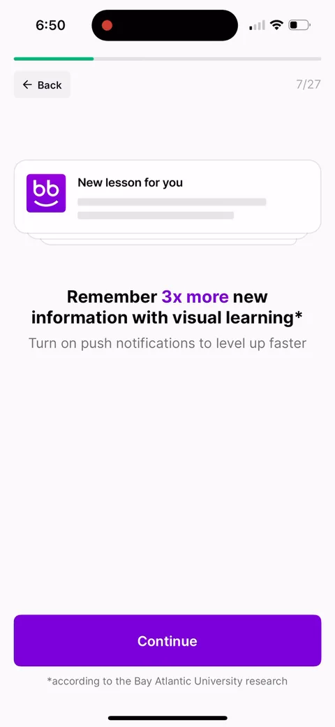 Nibble onboarding screen 12: The notification ask arrives with a research claim attached: 'Remember 3x more new information with visual…