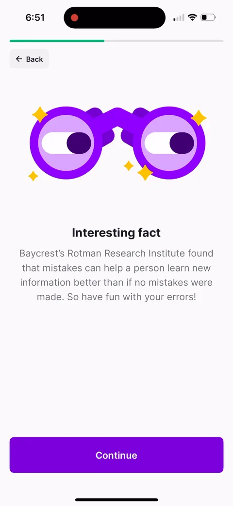 Nibble onboarding screen 18: 'Baycrest's Rotman Research Institute found that mistakes can help a person learn new information better than…