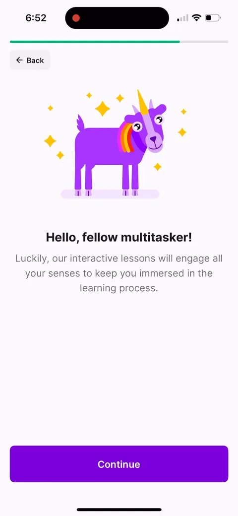 Nibble onboarding screen 23: 'Hello, fellow multitasker!' fired immediately after you answered how you like to learn
