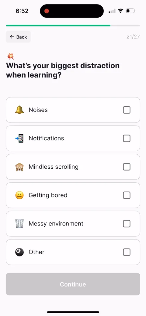 Nibble onboarding screen 24: 'What's your biggest distraction when learning?' and Notifications is one of the options, twelve steps after…