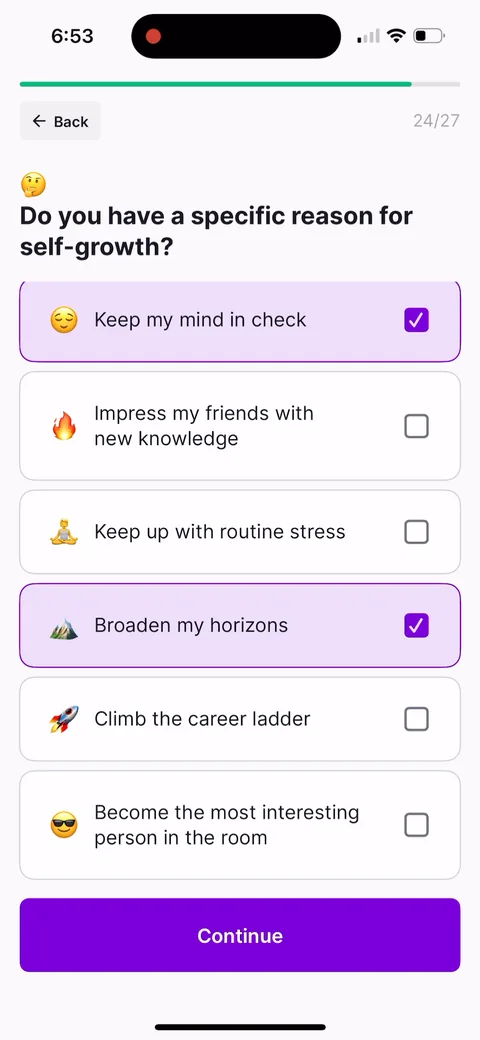 Nibble onboarding screen 27: Twenty-seven steps with the counter visible the whole way