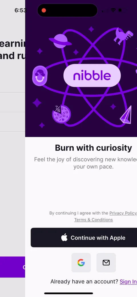Nibble onboarding screen 28: Signup lands after the entire quiz, with a Skip in the corner