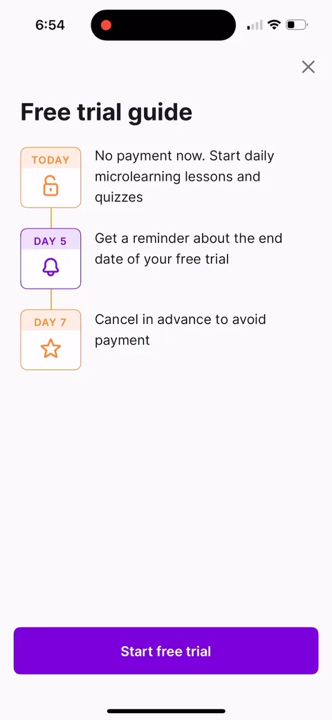 Nibble onboarding screen 38: The free trial guide as a three step timeline: today no payment, day 5 a reminder, day 7 cancel in advance to…