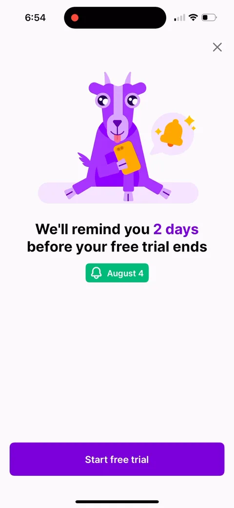 Nibble onboarding screen 40: 'We'll remind you 2 days before your free trial ends' with the actual date on a calendar chip
