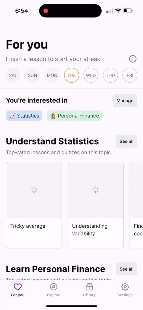 Nibble onboarding screen 42: Home is 'Finish a lesson to start your streak' over an empty week strip, with 'You're interested in…