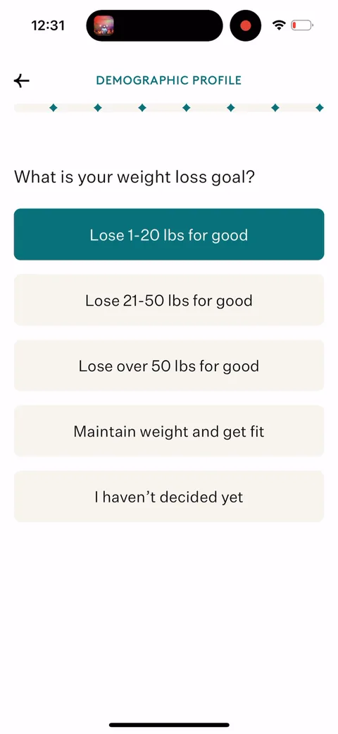Noom onboarding screen 3: First real question is the goal itself, 'lose 1-20 / 21-50 / over 50 lbs.' Leading with the outcome anchors…