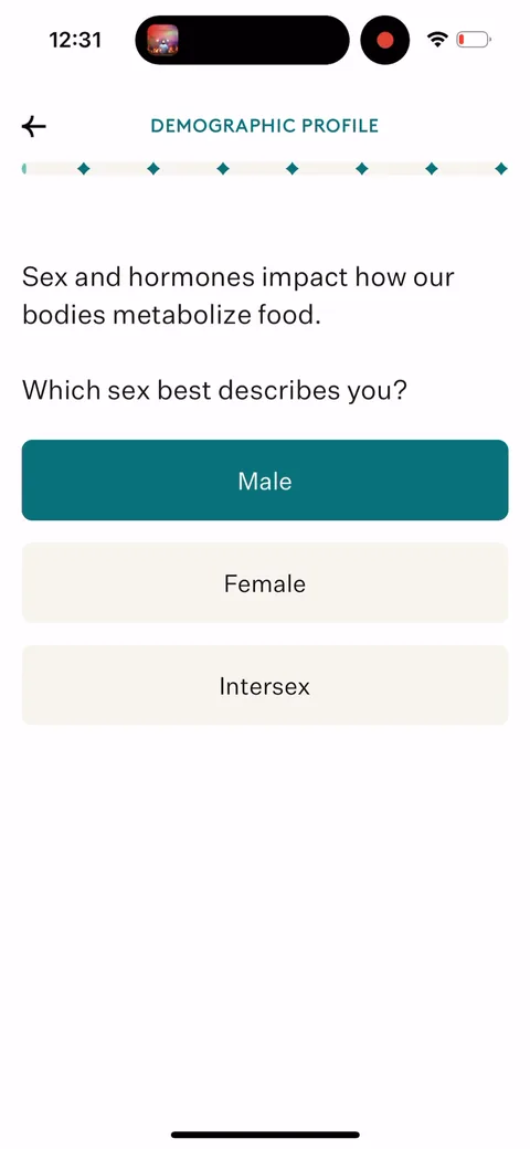 Noom onboarding screen 4: Asking sex right away but justifying it first: 'sex and hormones impact how our bodies metabolize food.' The…