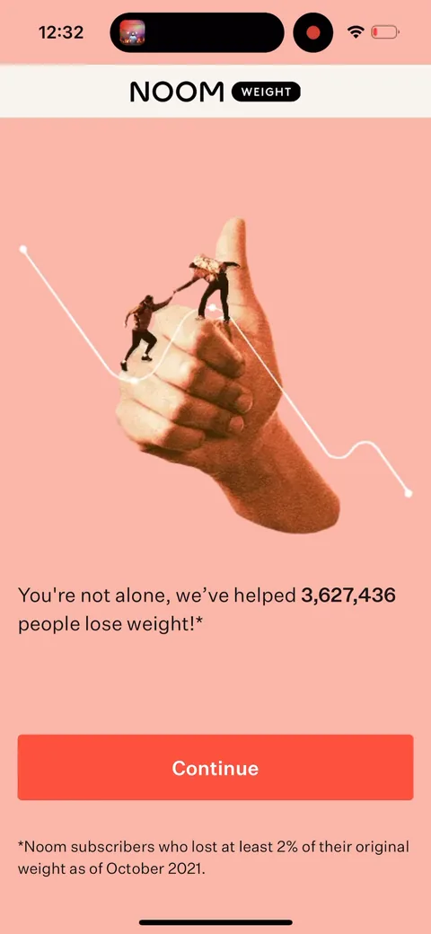 Noom onboarding screen 10: Social proof with an oddly precise number, '3,627,436 people.' Exact figures read as more credible than…