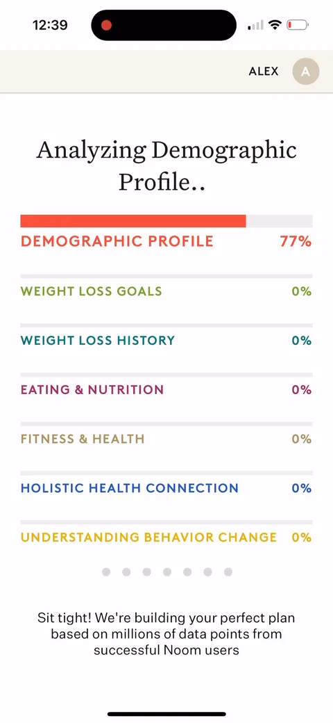 Noom onboarding screen 100: Per-category progress bars filling in ('demographic profile 77%, weight loss goals 0%...') while it 'builds…