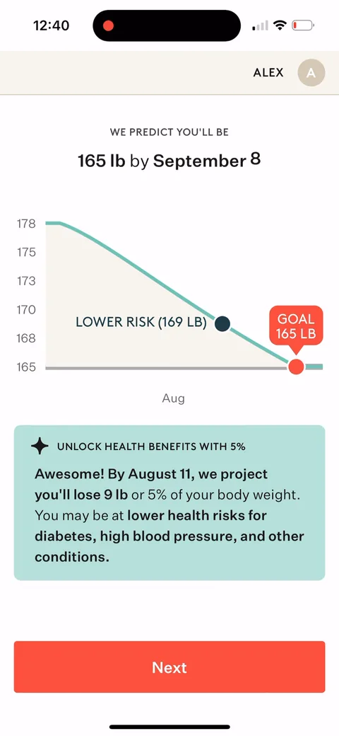 Noom onboarding screen 108: Final prediction stacks two payoffs: the goal-date graph and a near-term '5% by August 11' health milestone