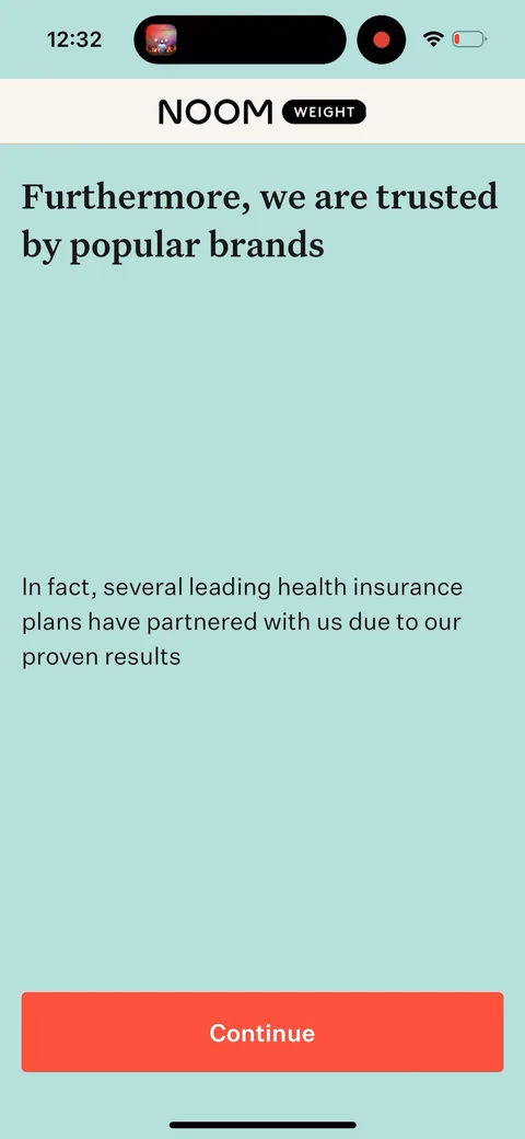 Noom onboarding screen 11: Borrowed authority: 'trusted by popular brands' and 'leading health insurance plans have partnered with us.'…