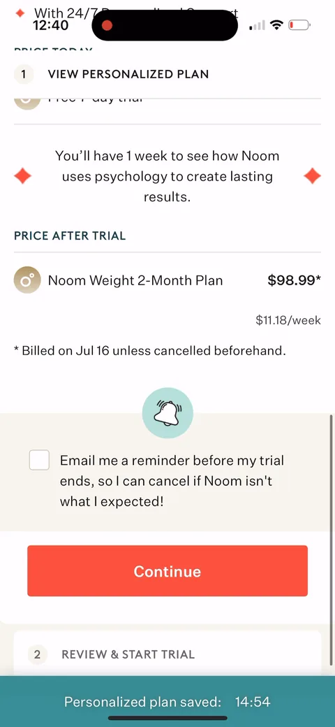 Noom onboarding screen 111: The offer: $0 today for a 7-day trial, then the Noom Weight 2-Month Plan at $98.99 ($11.18/week)