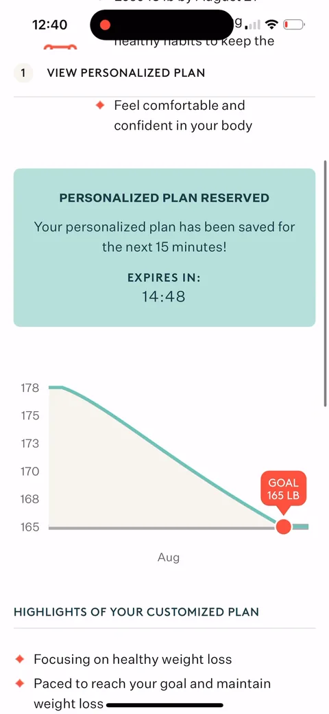 Noom onboarding screen 114: 'Personalized plan reserved