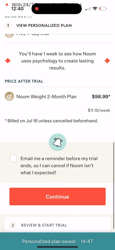 Noom paywall with pricing, onboarding screen 116