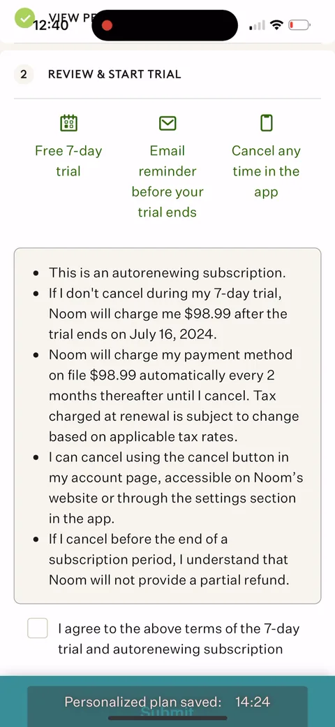Noom onboarding screen 123: 'Review & start trial' with a trial-reminder option