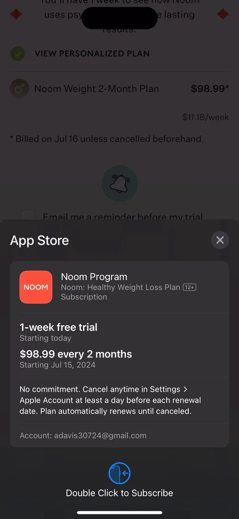 Noom onboarding screen 139: Native Apple subscription sheet: '1 week free trial then $98.99 every 2 months.' Routing through Apple's…