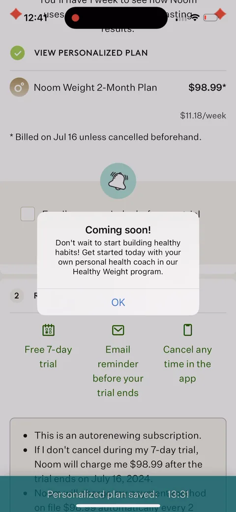 Noom onboarding screen 142: 'Coming soon, don't wait to start building healthy habits.' Last-mile urgency after the timer