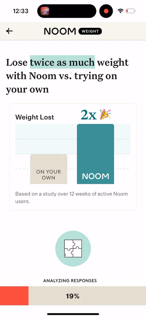 Noom onboarding screen 23: 'Lose twice as much weight with Noom vs on your own.' A clean 2x anchor where the comparison isn't another…