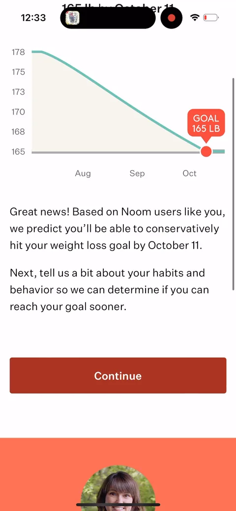 Noom onboarding screen 27: This is the engine of the whole flow: a personalized graph predicting '165 lb by October 11,' built from the…