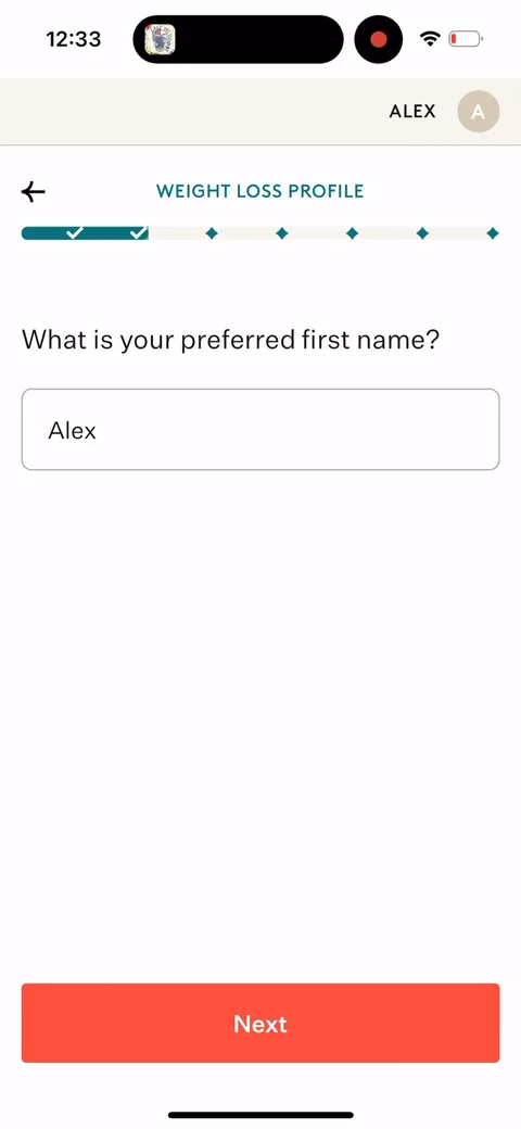 Noom onboarding screen 29: Grabbing first name here pays off later: every plan screen reads 'Alex's 2-Month Plan.' Cheap to collect, and…
