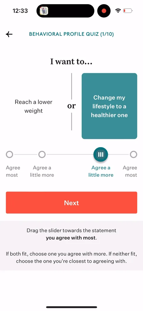 Noom onboarding screen 32: The behavioral quiz uses a drag-the-slider interaction instead of tap-tap-tap