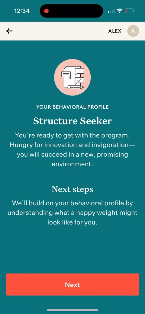 Noom onboarding screen 35: Payoff for the behavioral quiz: a label, 'Structure Seeker,' with a flattering description