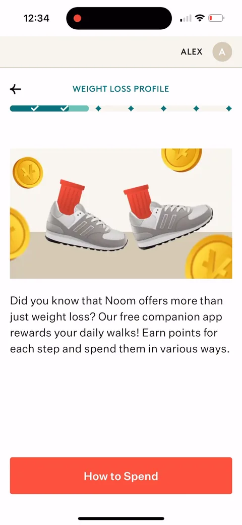Noom onboarding screen 38: Cross-selling the free Noom Vibe companion app that 'rewards your daily walks' with points